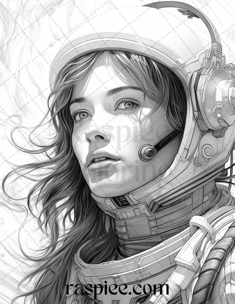 50 Astronaut Girl Portrait Grayscale Coloring Pages Printable for Adul