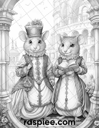 Fairytale Mice Coloring Pages, Grayscale Mouse Art, Printable Adult Coloring, Stress-Relief Mouse Illustrations, DIY Fairy Tale Coloring, Fantasy Coloring Pages, Grayscale Coloring Pages
