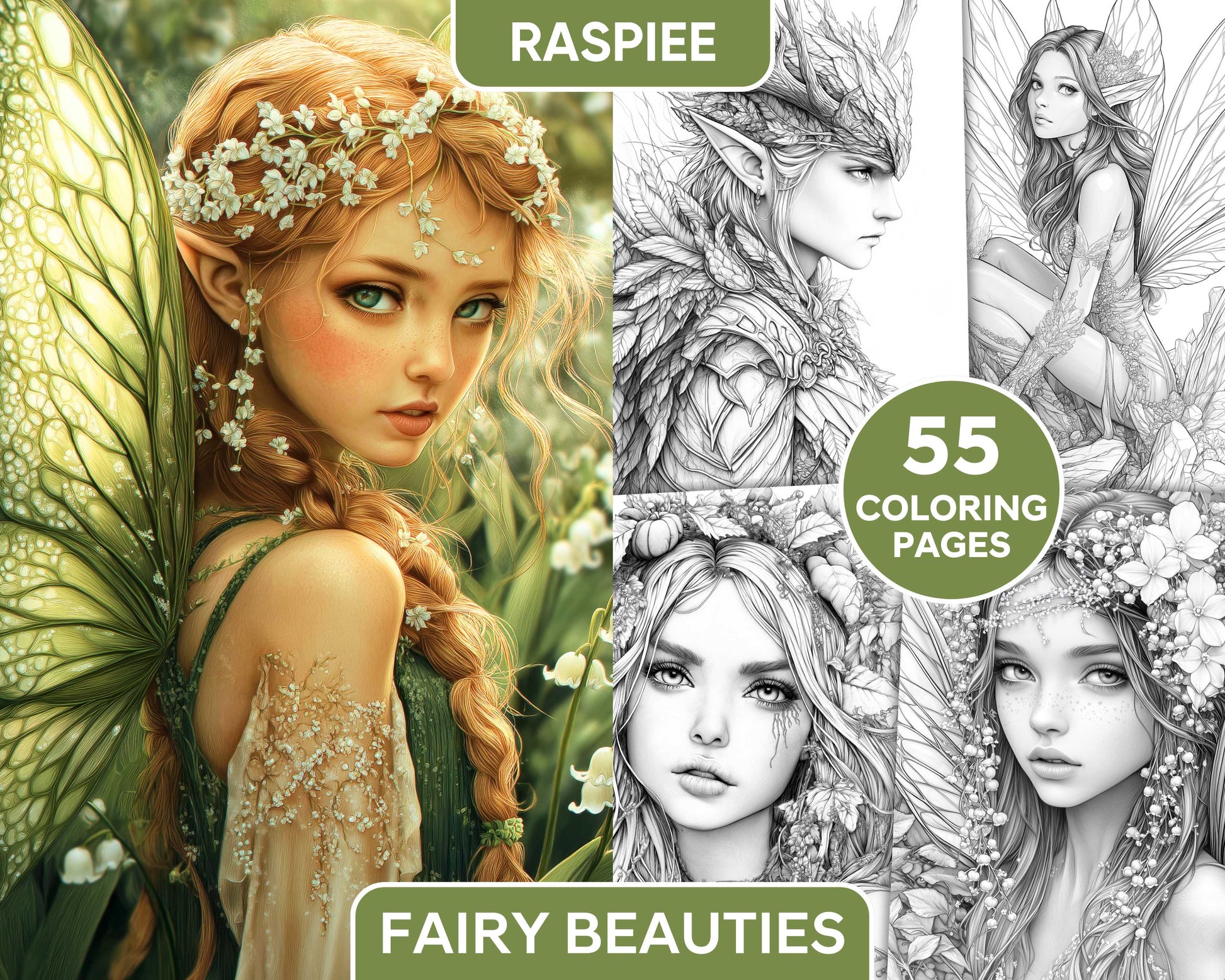 Fairy Beauties Portrait Adult Coloring Pages Printable PDF Instant Download