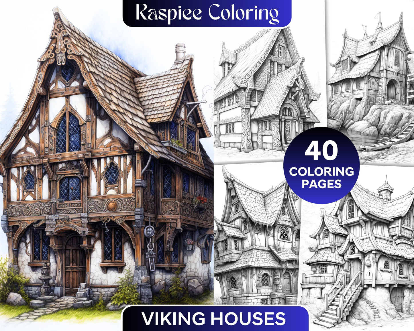 Grayscale coloring pages of Viking houses, Printable grayscale coloring sheets for adults, Viking art coloring pages for stress relief, Nordic theme grayscale illustrations for coloring, Adult coloring pages of Viking houses