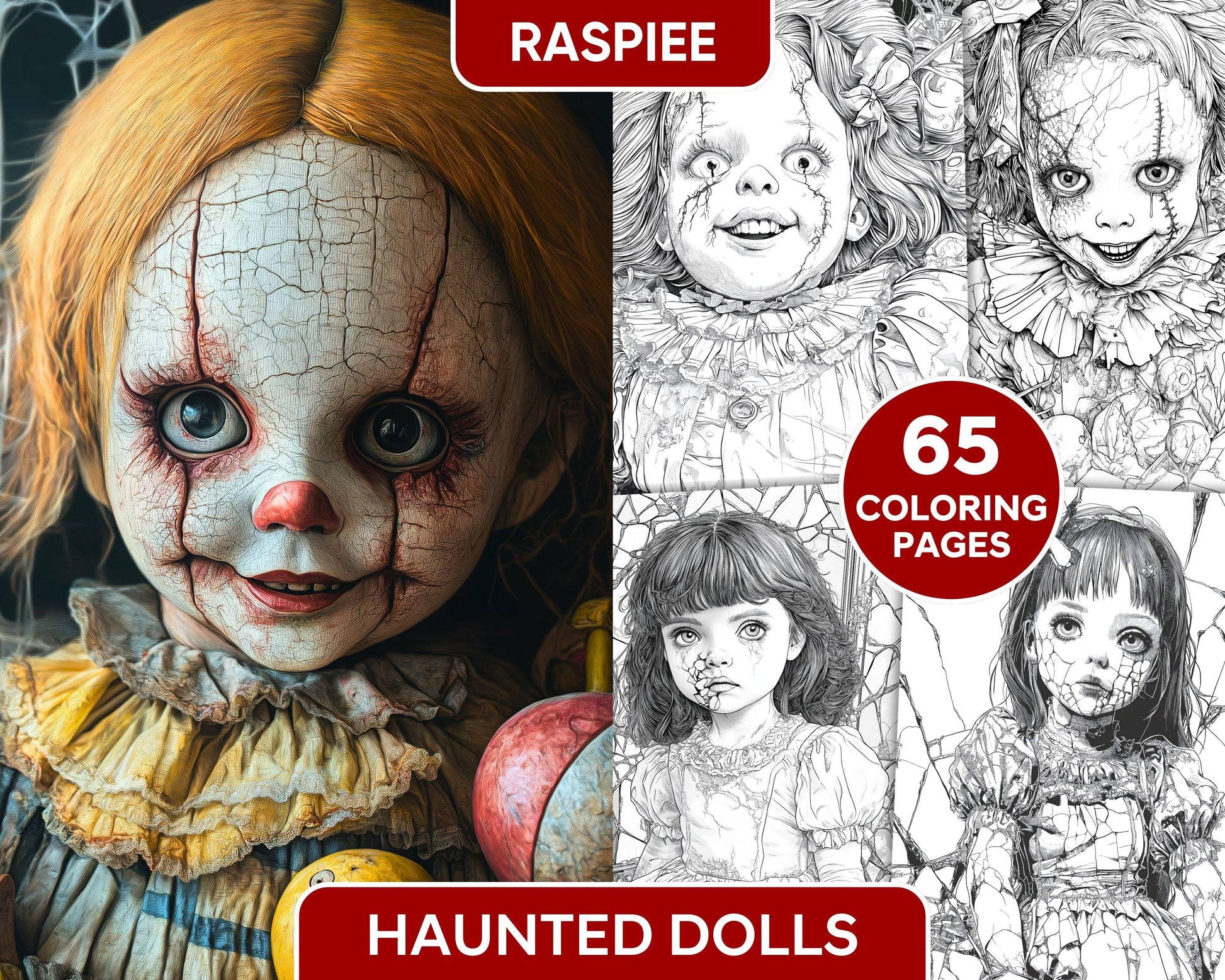 Haunted Dolls Halloween Horror Adult Coloring Pages Printable PDF Instant Download - RASPIEE