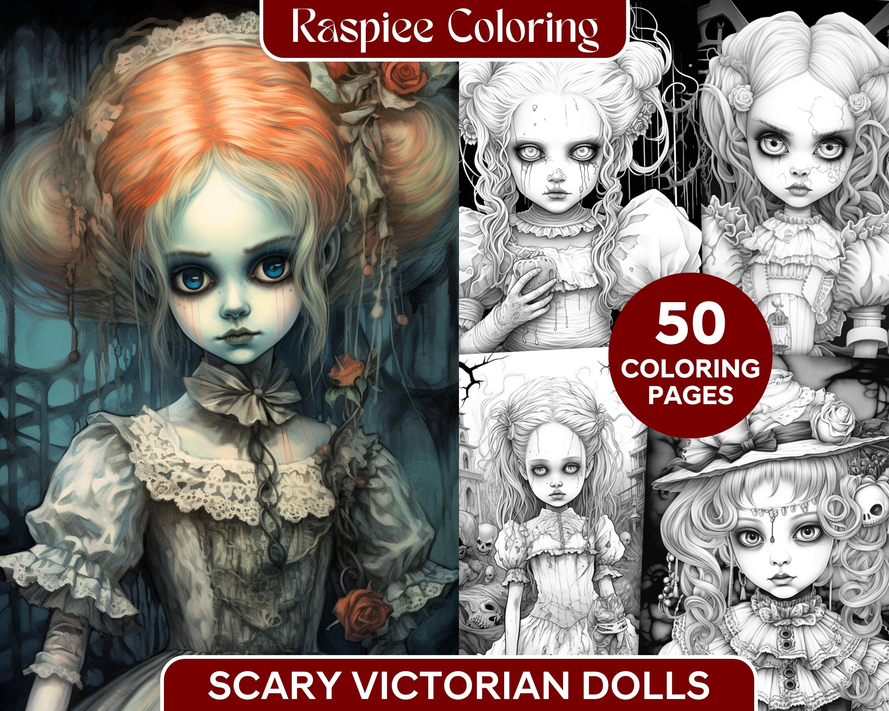 50 Scary Victorian Dolls Grayscale Coloring Pages Printable for Adults ...