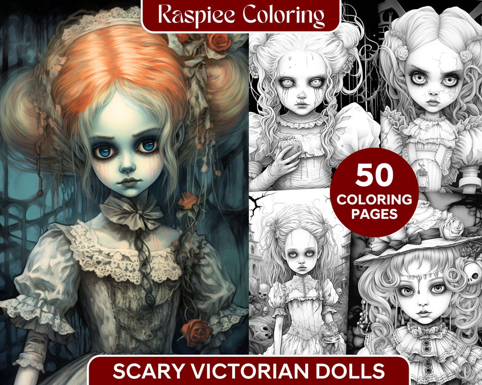 50 Scary Victorian Dolls Grayscale Coloring Pages Printable for Adults