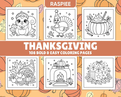 108 Bold and Easy Thanksgiving Coloring Pages Printable PDF Instant Download - RASPIEE