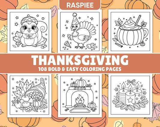 108 Bold and Easy Thanksgiving Coloring Pages Printable PDF Instant Download - RASPIEE