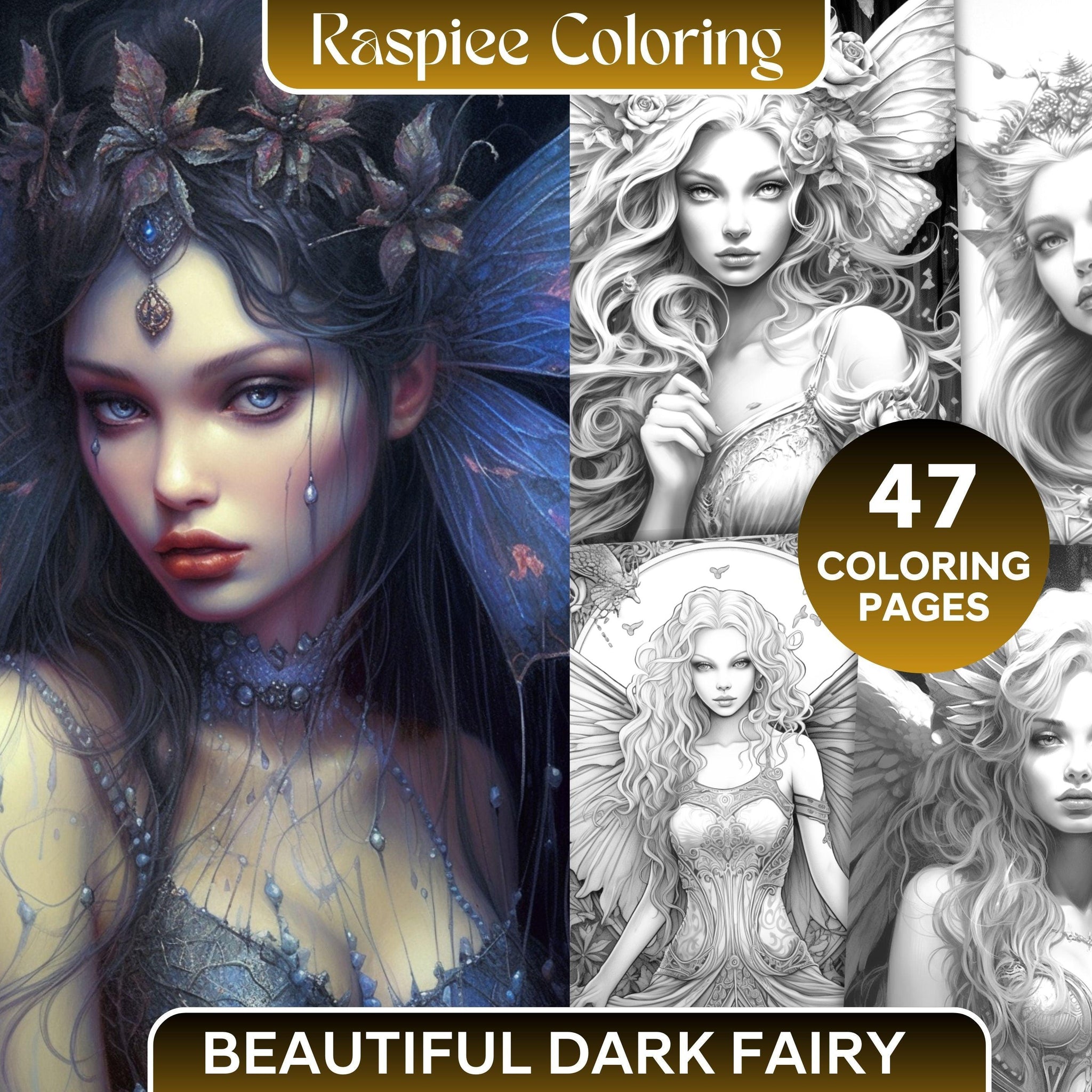 Beautiful Dark Fairy Grayscale Coloring Pages Printable for Adults, PD