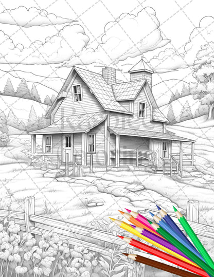 Charming Farmhouse Scenery Grayscale Coloring Page for Adults