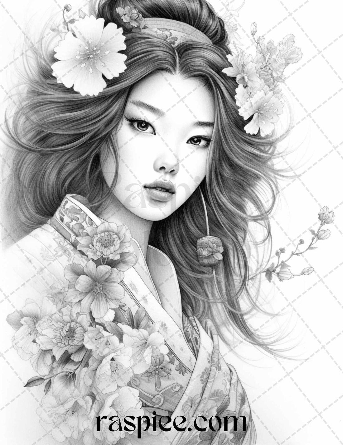 40 Beautiful Japanese Girls Grayscale Coloring Pages Printable for Adu