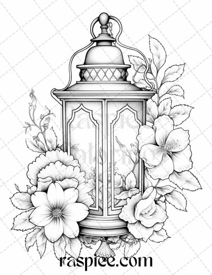 Vintage Lantern Flower Grayscale Coloring Page Printable for Adults, Sample Image, Flower Grayscale Coloring Page, Digital Download for Relaxation and Stress Relief, Printable Vintage Lantern Coloring Page