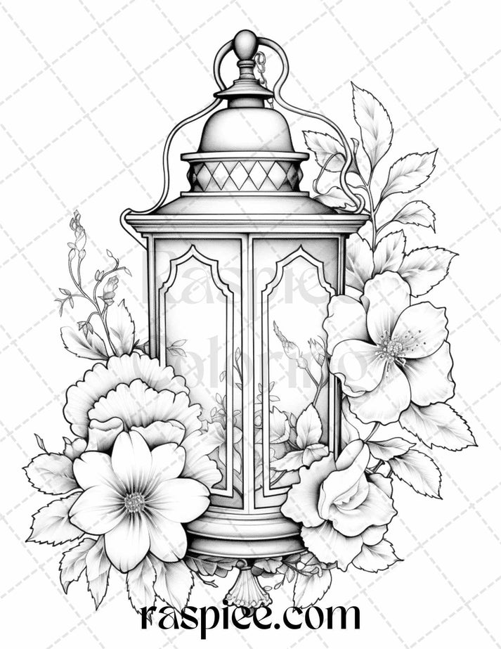 30 Vintage Lantern Flower Grayscale Coloring Pages Printable for Adult