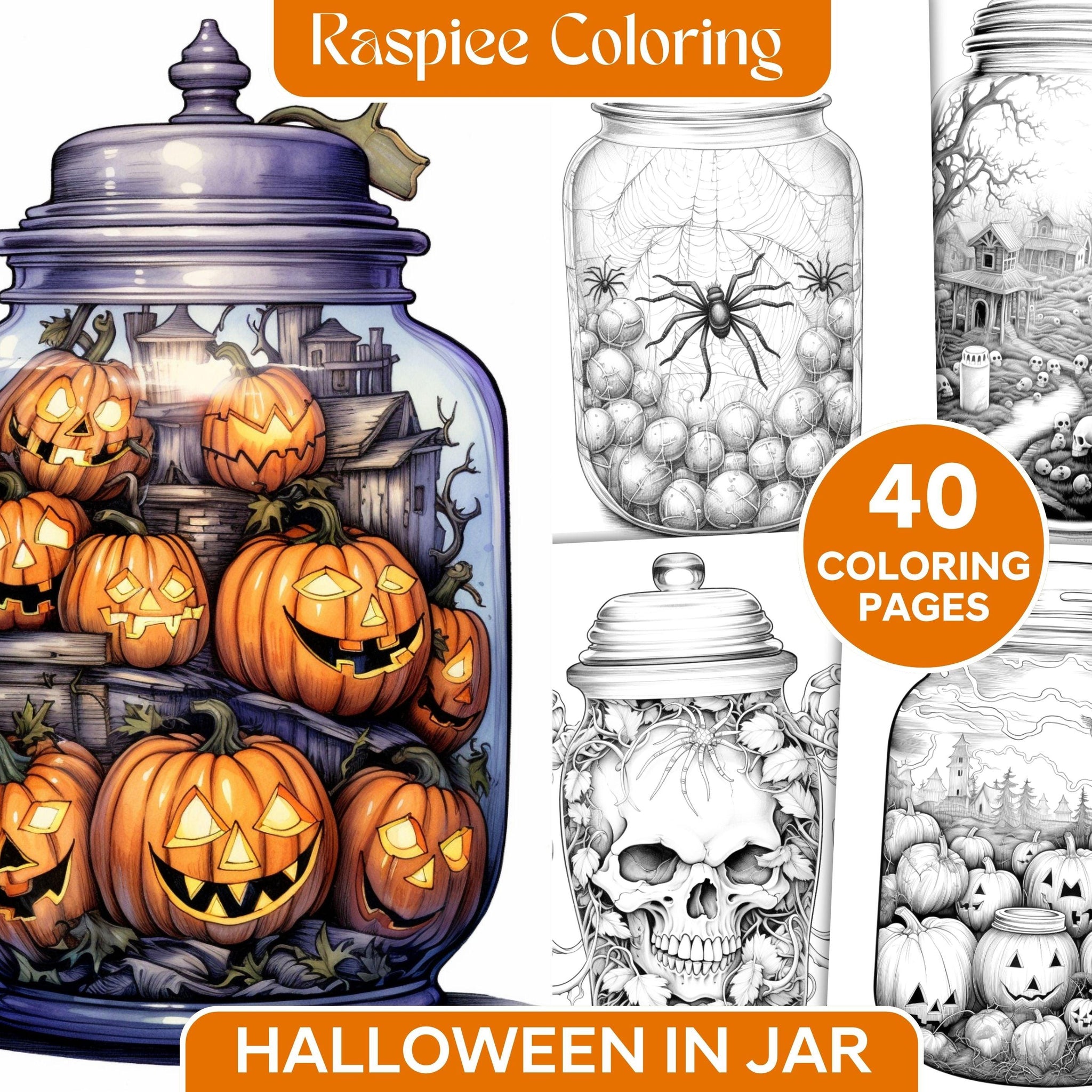 40 Halloween in Jar Grayscale Coloring Pages for Adults, Printable PDF