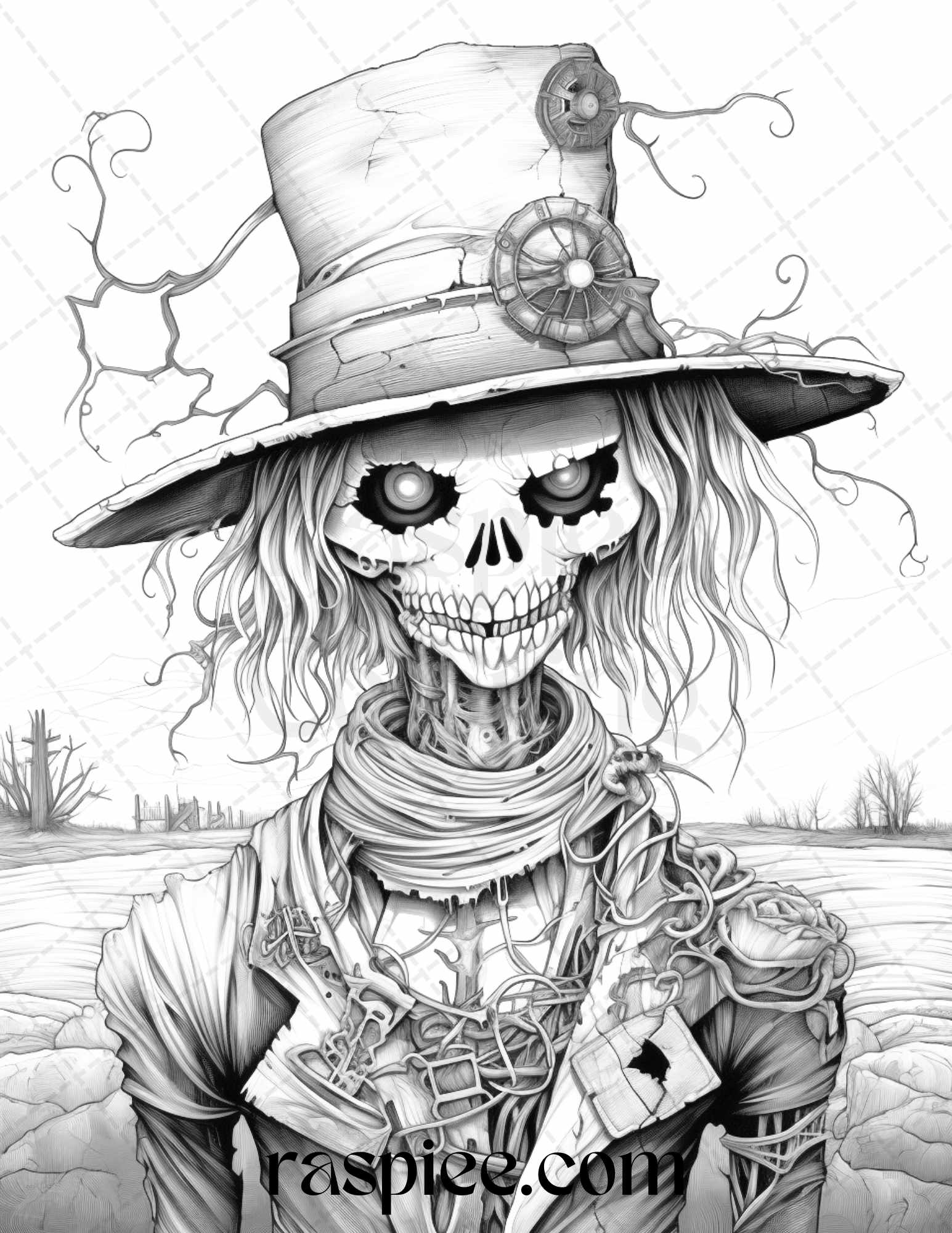 Scary Steampunk Scarecrow Coloring Page, Halloween Grayscale Coloring Printable, Intricate Adult Coloring Illustration, Detailed Gothic Coloring Page, Halloween-Themed DIY Coloring, Printable Creepy Halloween Decor