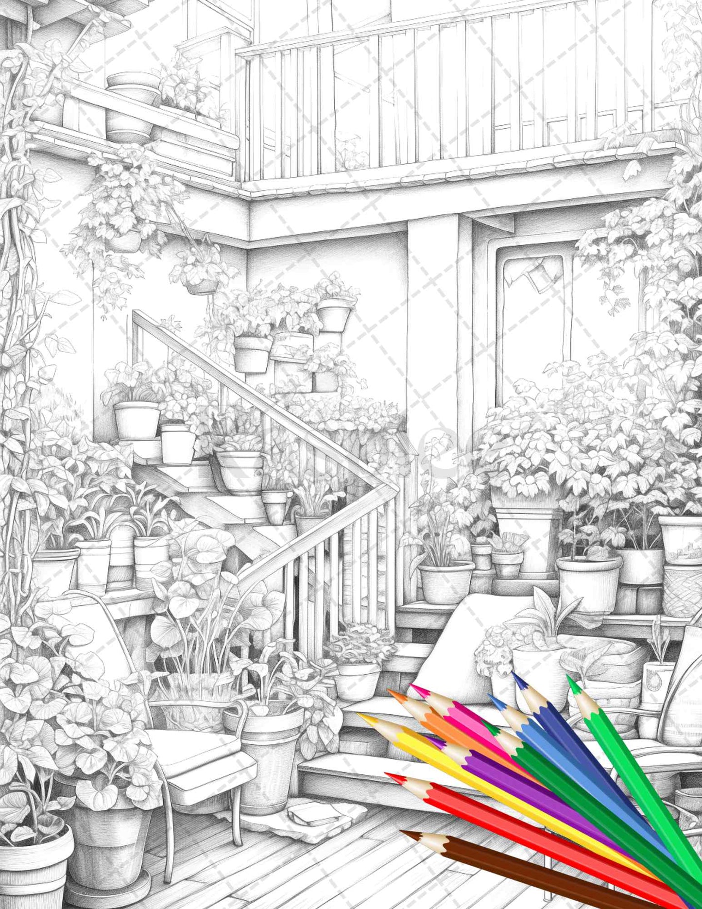 Balcony garden grayscale coloring page, Printable coloring page for adults ,Relaxing grayscale artwork ,Detailed botanical coloring design, Charming outdoor-themed coloring page