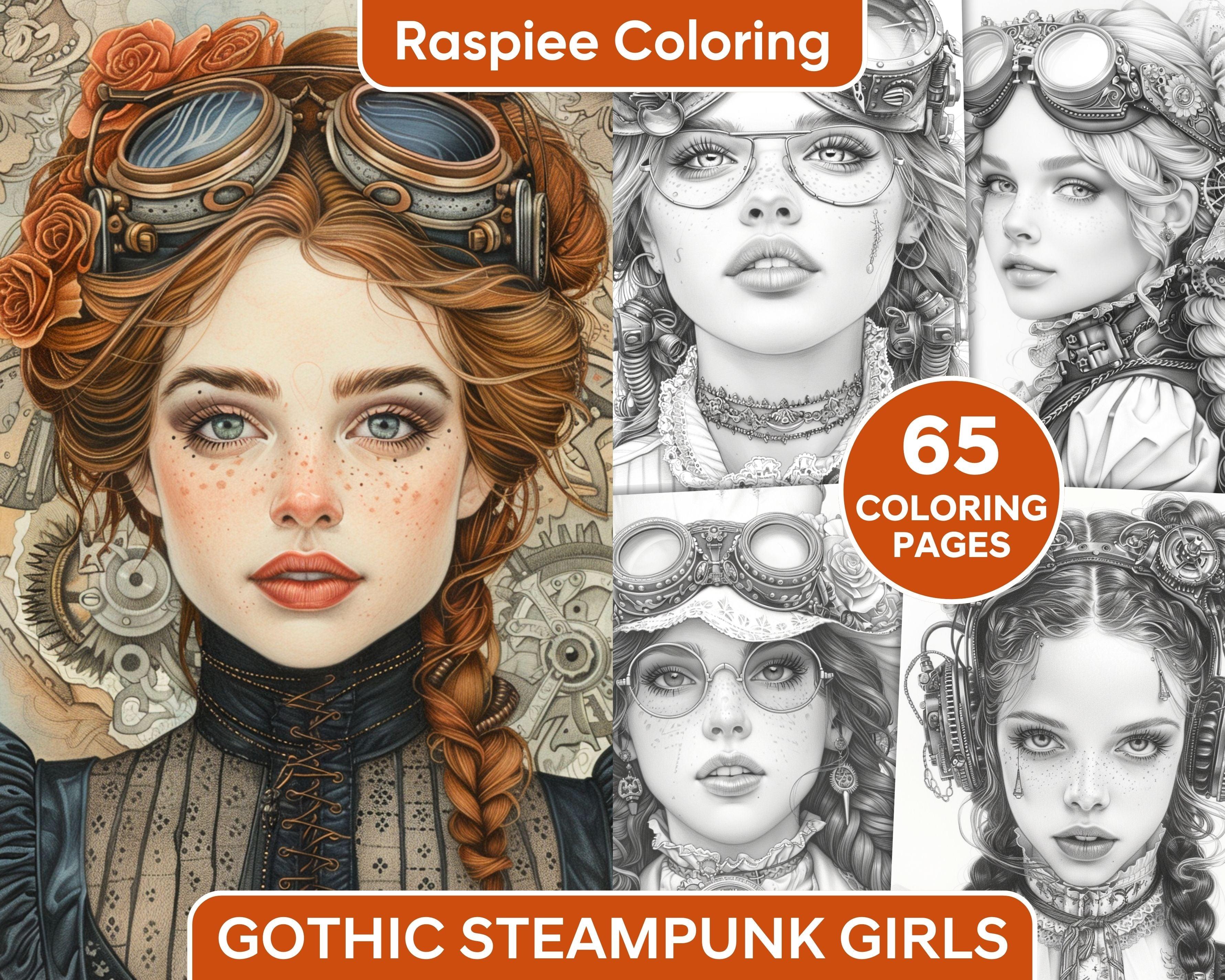 65 Gothic Steampunk Girls Grayscale Adult Coloring Pages, Printable PD ...