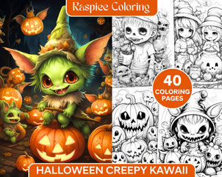 40 Halloween Creepy Kawaii Grayscale Coloring Pages for Adults and Kid ...
