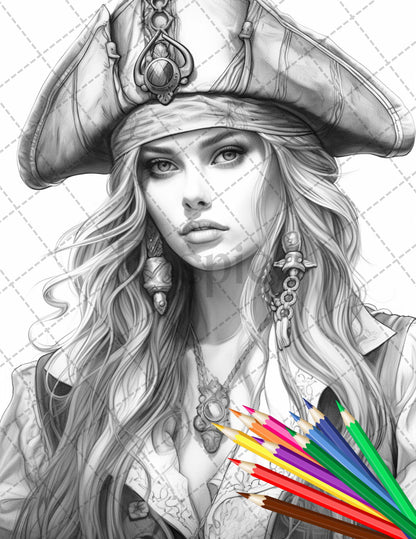 48 Beautiful Pirate Princess Coloring Book Printable for Adults, Grayscale Coloring Page, PDF File Instant Download - raspiee
