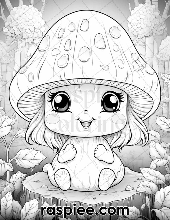 40 Kawaii Mushrooms Grayscale Coloring Pages for Adults, Printable PDF ...