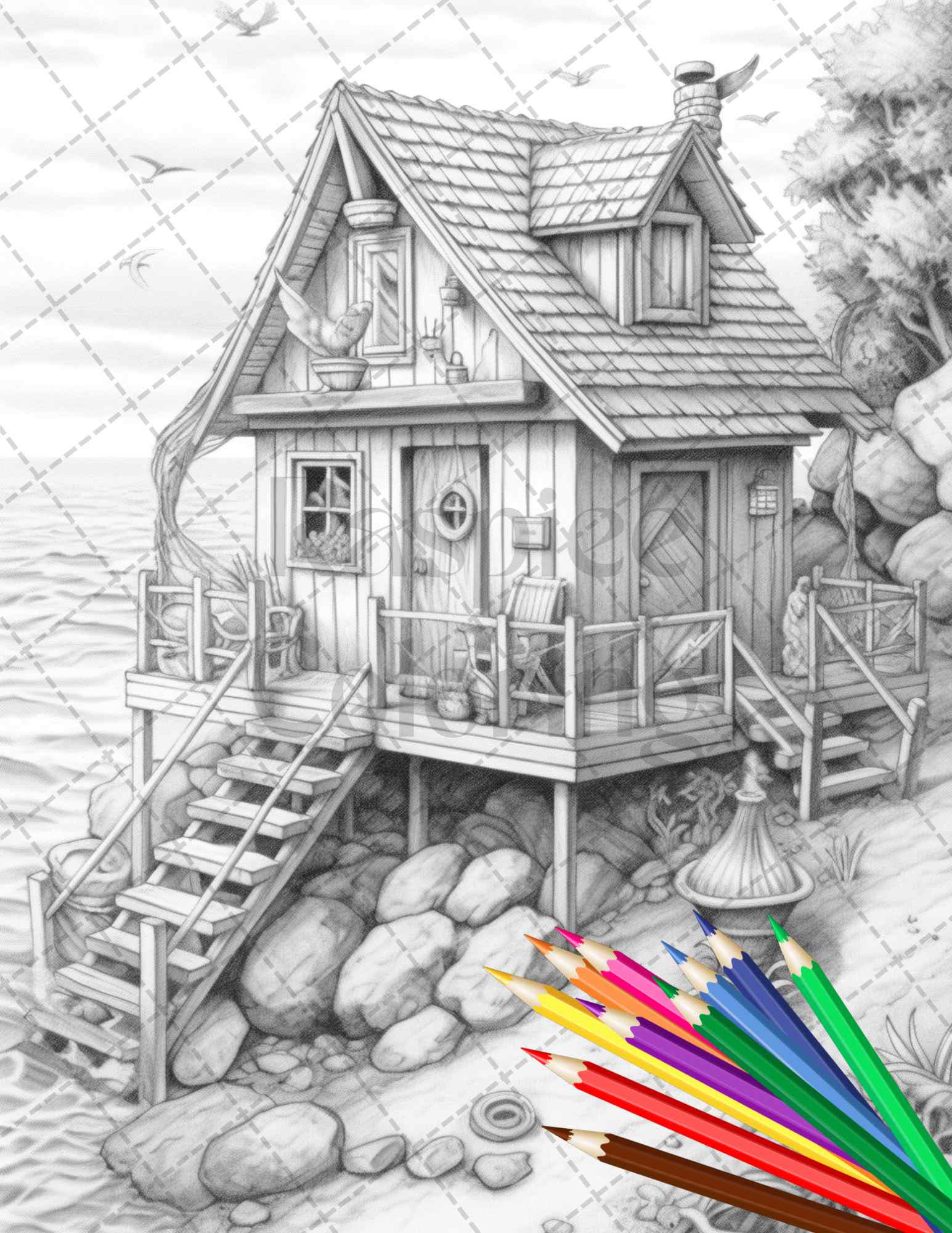 grayscale coloring page with wooden beach house, printable adult coloring page - beach houses