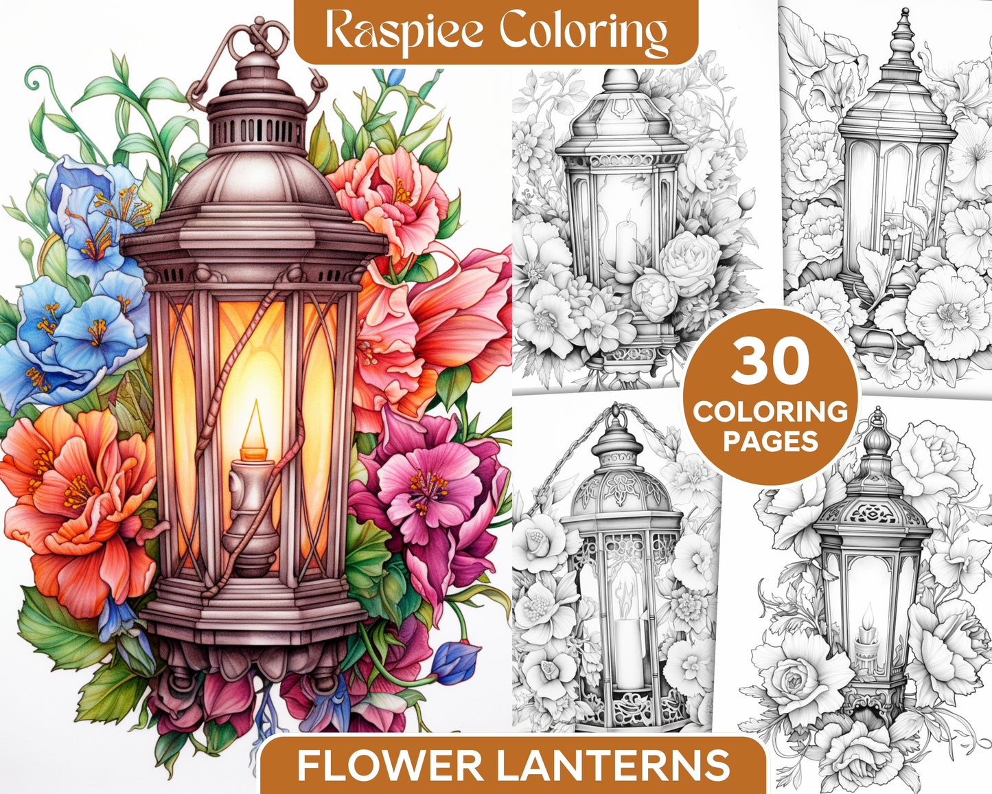 Vintage Lantern Flower Grayscale Coloring Page Printable for Adults, Sample Image, Flower Grayscale Coloring Page, Digital Download for Relaxation and Stress Relief, Printable Vintage Lantern Coloring Page