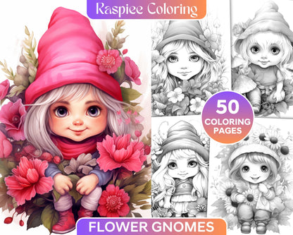 Flower Gnomes Grayscale Coloring Pages, Printable Coloring Pages for Adults and Kids, Flower Gnome Art, Relaxing and Fun Coloring Book
