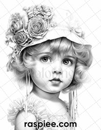 50 Vintage Flapper Baby Girls Grayscale Coloring Pages for Adults, Pri ...