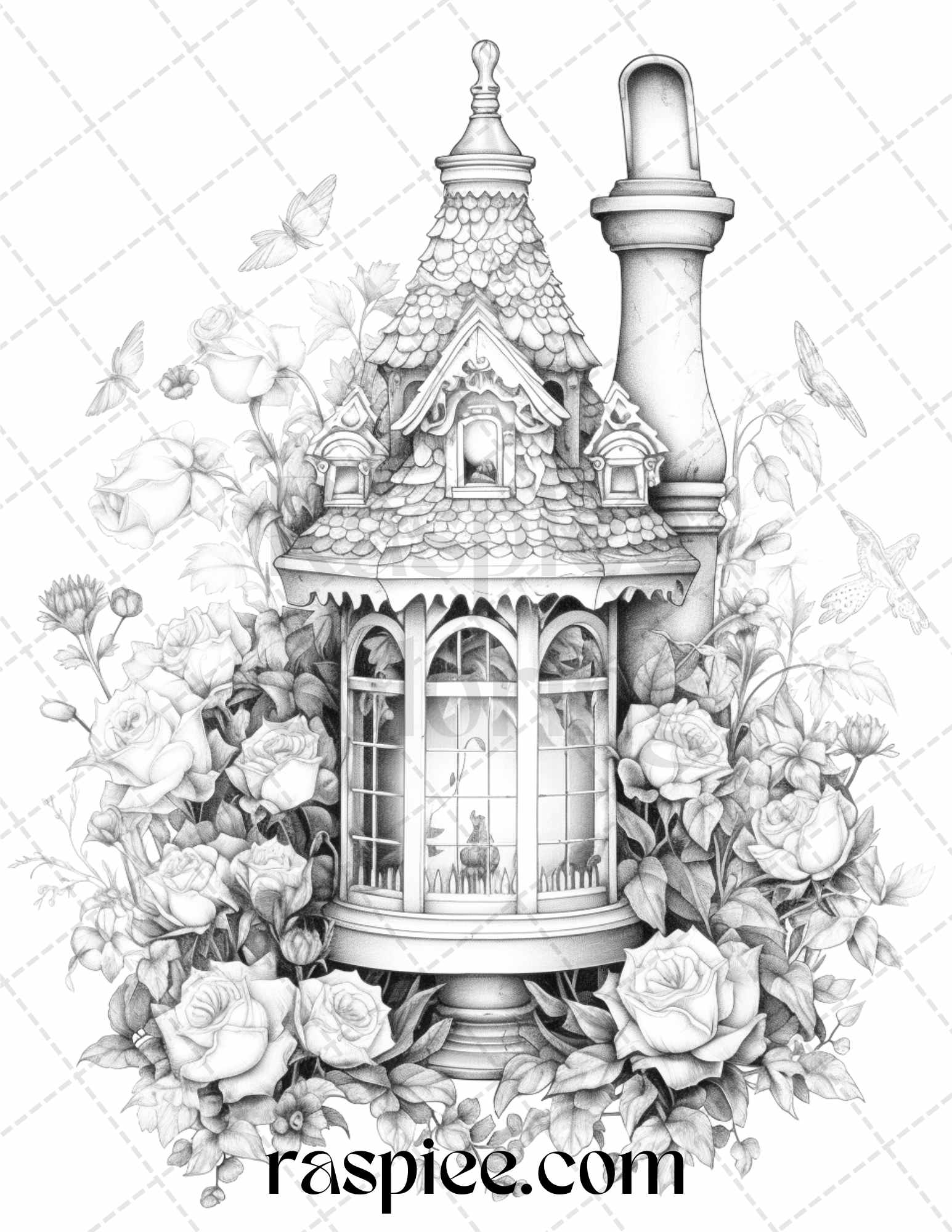 lantern fairy houses grayscale coloring pages, printable coloring pages for adults, grayscale art, fairy house coloring, lantern coloring