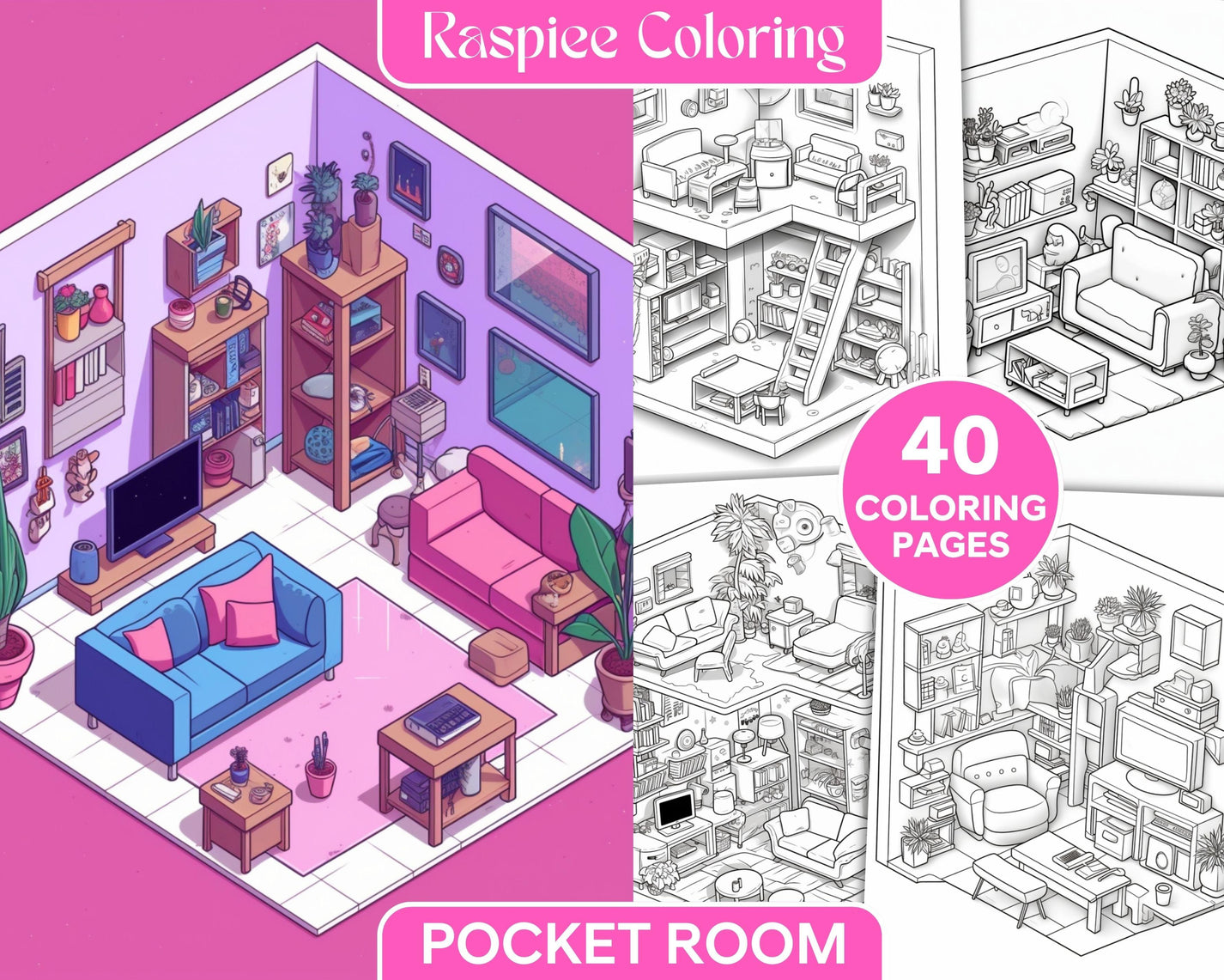 40 Pocket Room Coloring Pages Printable for Adults Kids, PDF File Inst