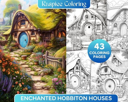 Hobbiton Houses grayscale coloring pages printable, Adult coloring book printable Hobbiton houses, Detailed grayscale coloring pages for adults, Relaxation coloring sheets Hobbiton houses, Printable art for stress relief - grayscale coloring