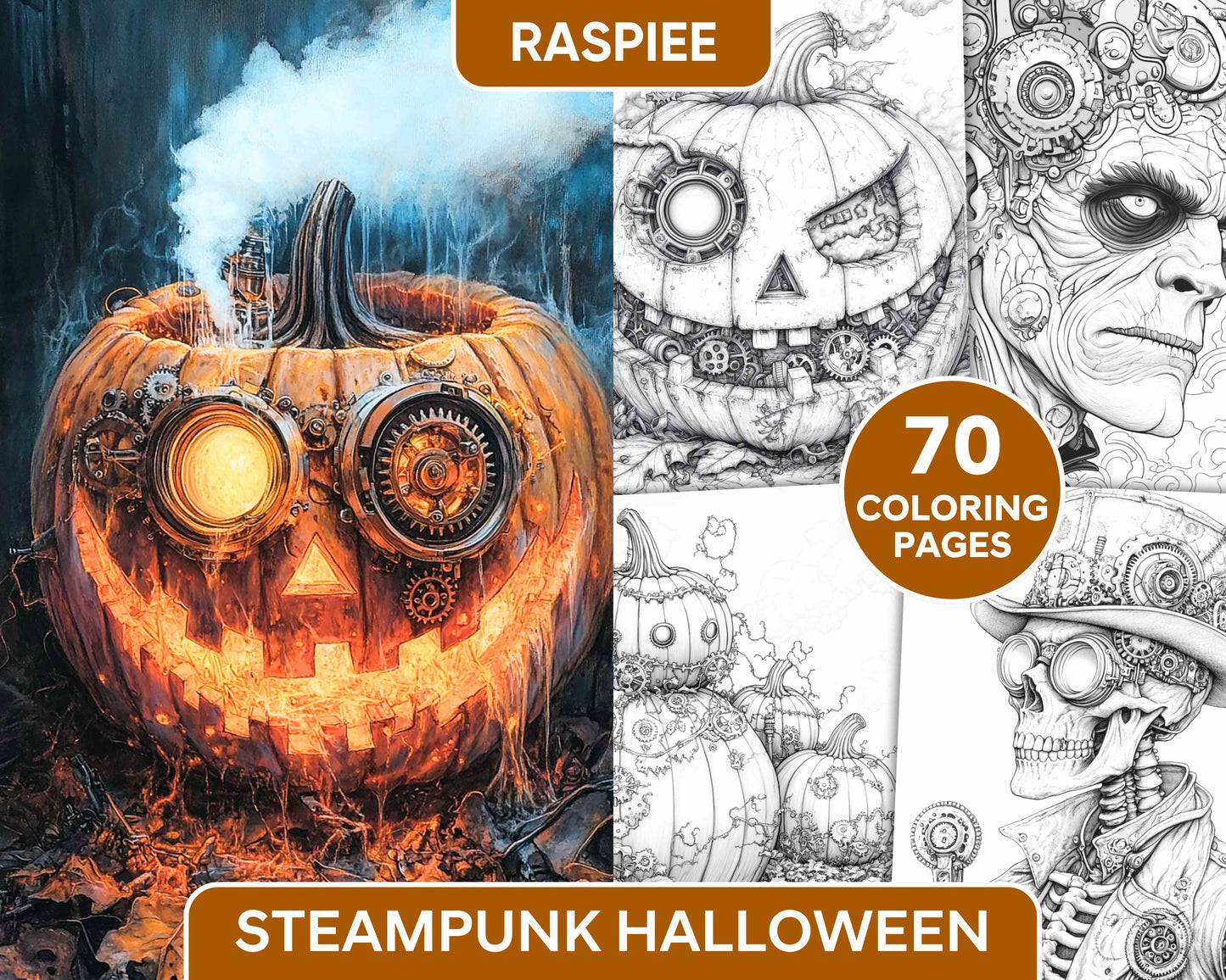 Steampunk Halloween Adult Coloring Pages Printable PDF Instant Download