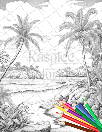 Tropical beach grayscale coloring page for adults, Printable adult coloring page with tropical beach scene, Detailed grayscale art for coloring - tropical beach theme