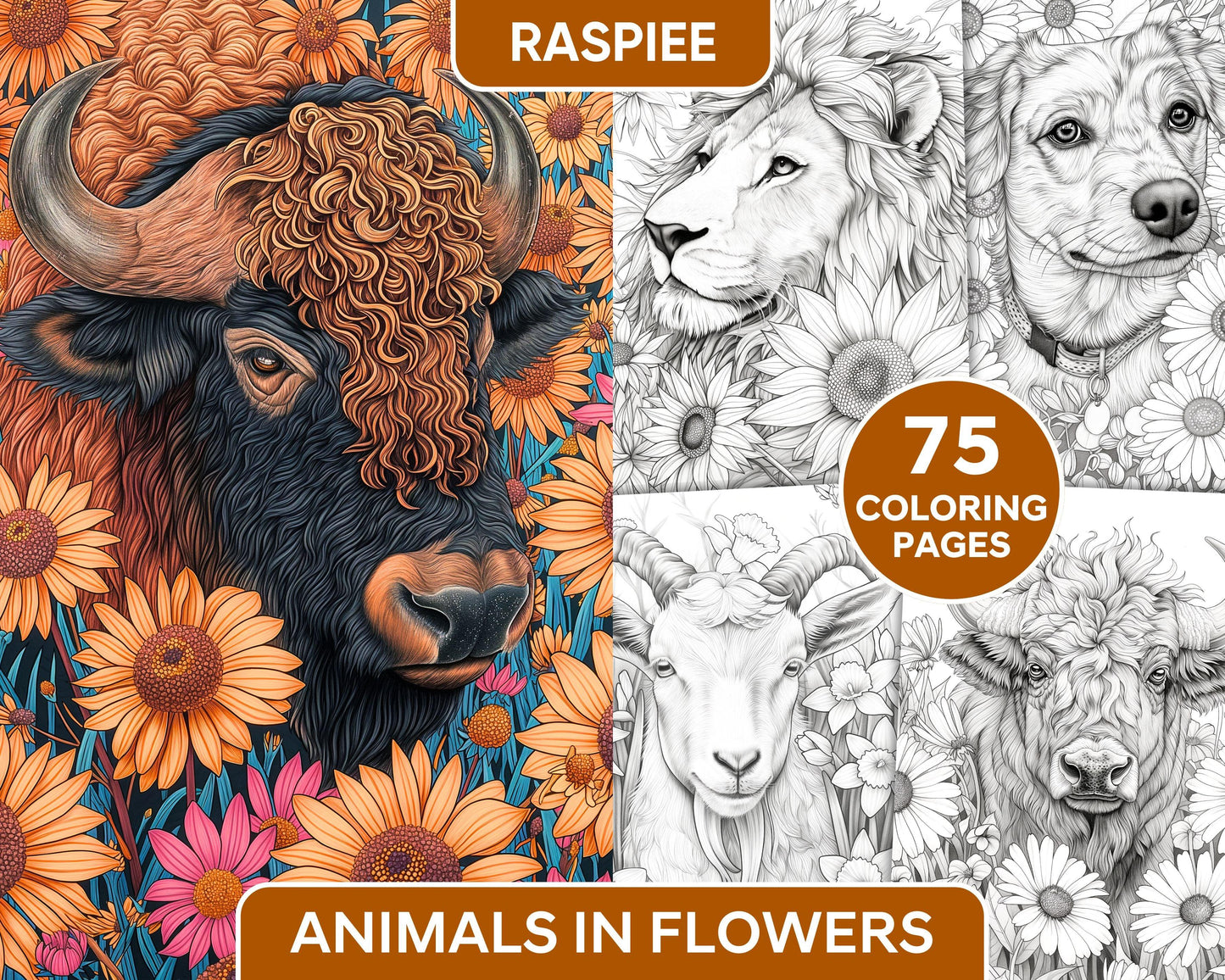 75 Animals in Flowers Grayscale Adult Coloring Pages Printable PDF Instant Download - RASPIEE