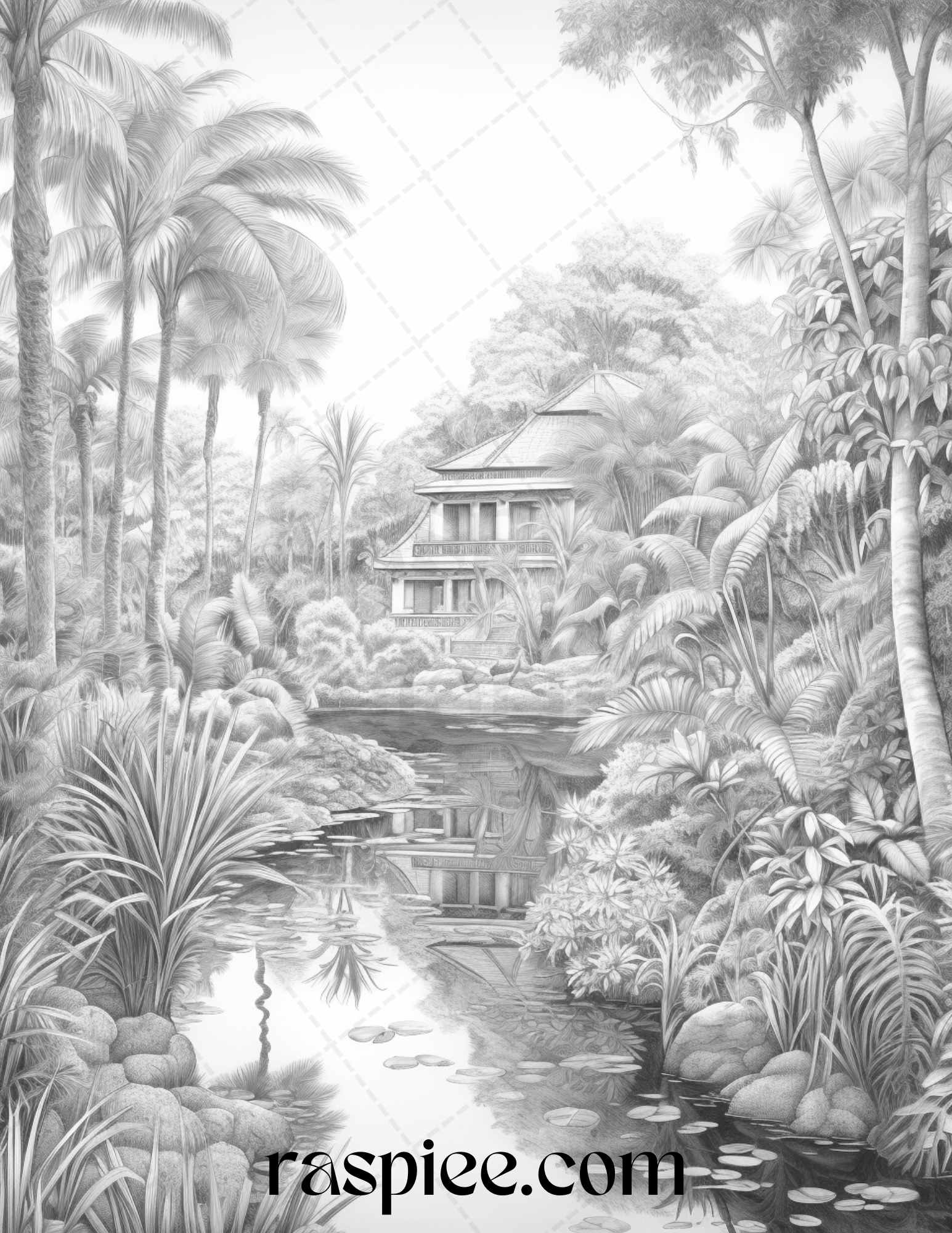 Tropical Oasis Grayscale Coloring Pages, Nature-Themed Adult Coloring, Grayscale Coloring Artwork, Adult Coloring Printable - Nature Scenes, Landscape Coloring Pages for Adults