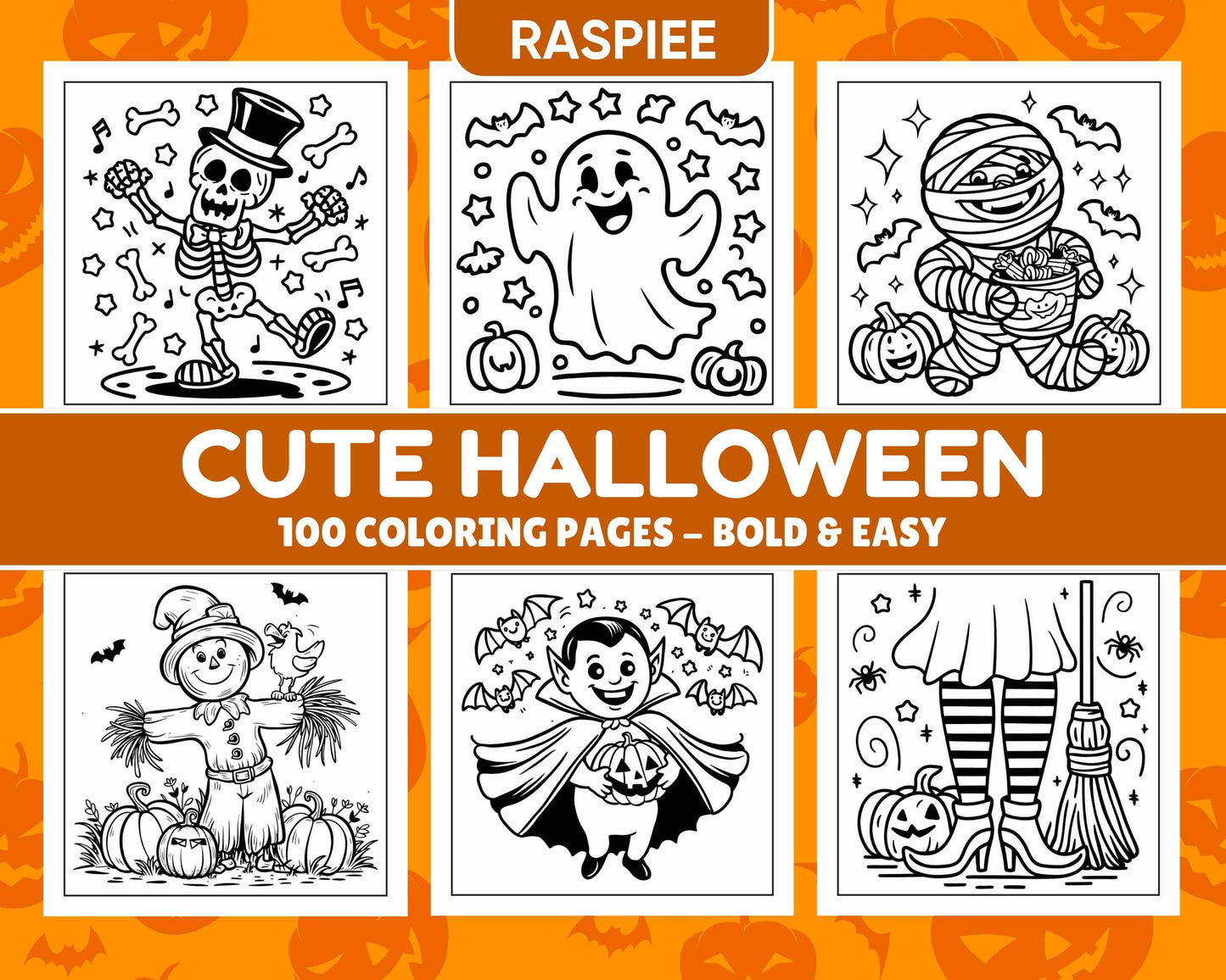 100 Bold and Easy Cute Halloween Coloring Pages Printable PDF Instant Download - RASPIEE