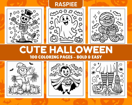 100 Bold and Easy Cute Halloween Coloring Pages Printable PDF Instant Download - RASPIEE