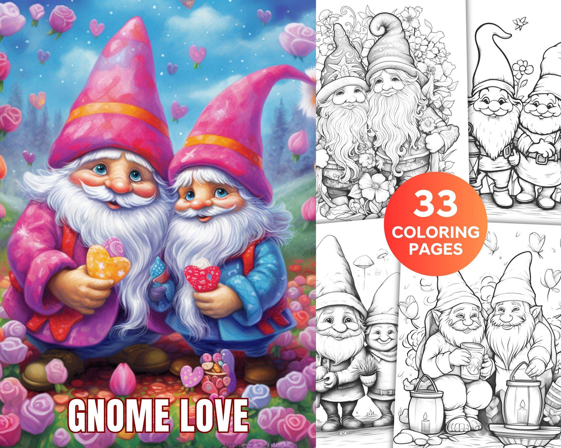 33 Gnome Love Coloring Pages Printable for Adults, Grayscale Coloring