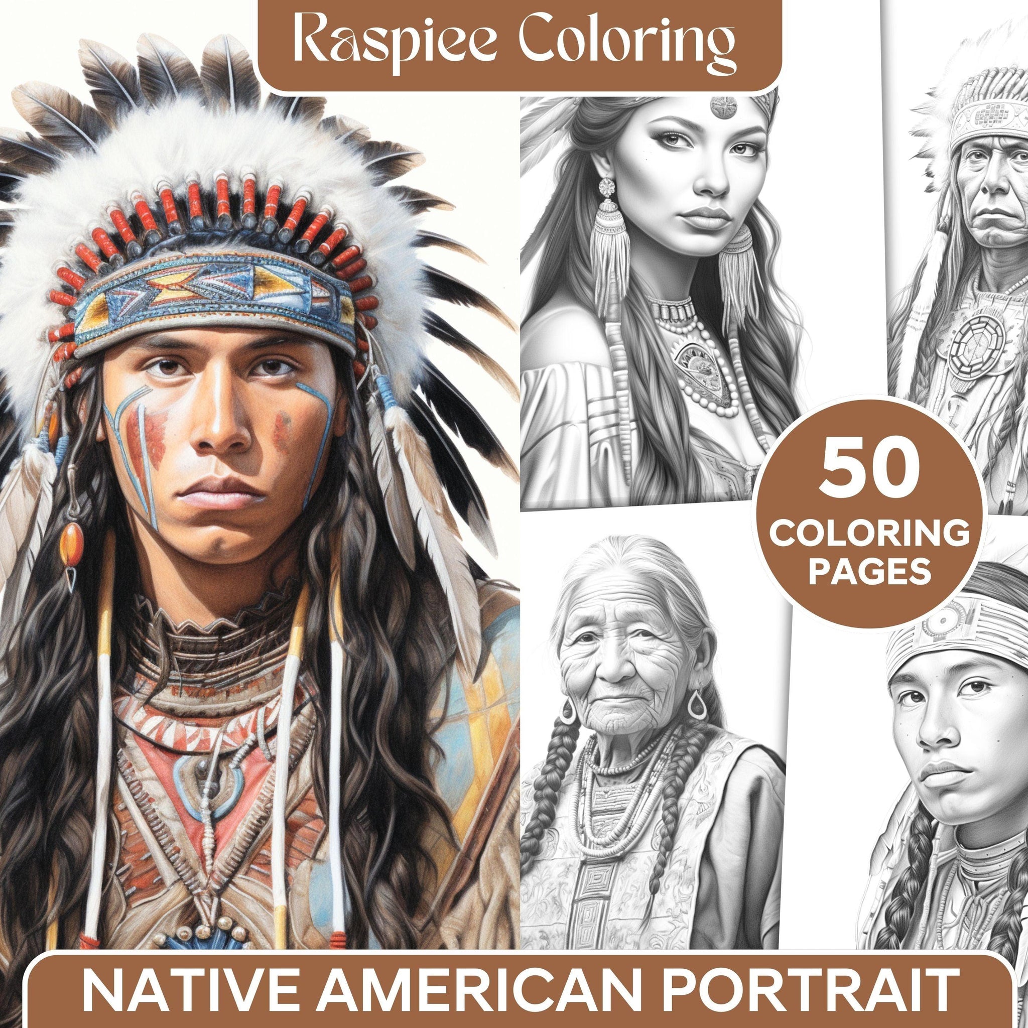 Native American Portrait Grayscale Coloring Pages Printable For Adults