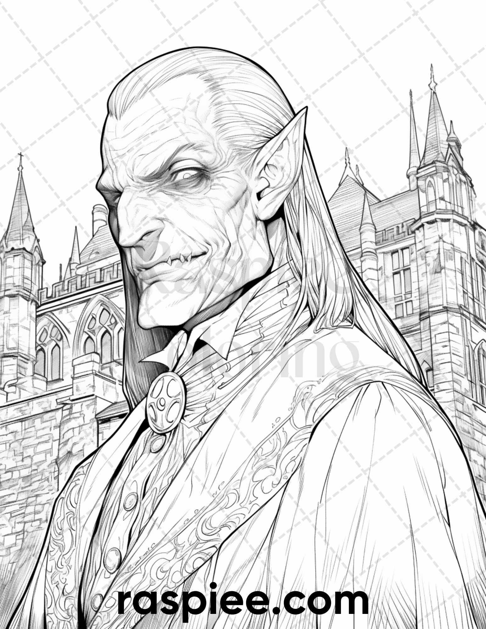 50 Count Dracula Grayscale Coloring Pages Printable for Adults, PDF Fi