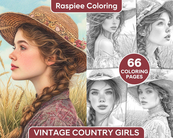 66 Vintage Country Girls Grayscale Adult Coloring Pages, Printable PDF ...