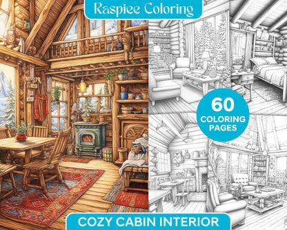 Cozy Cabin Interior Grayscale Coloring Pages, Winter Theme Coloring Book, Printable Coloring Pages for Adults