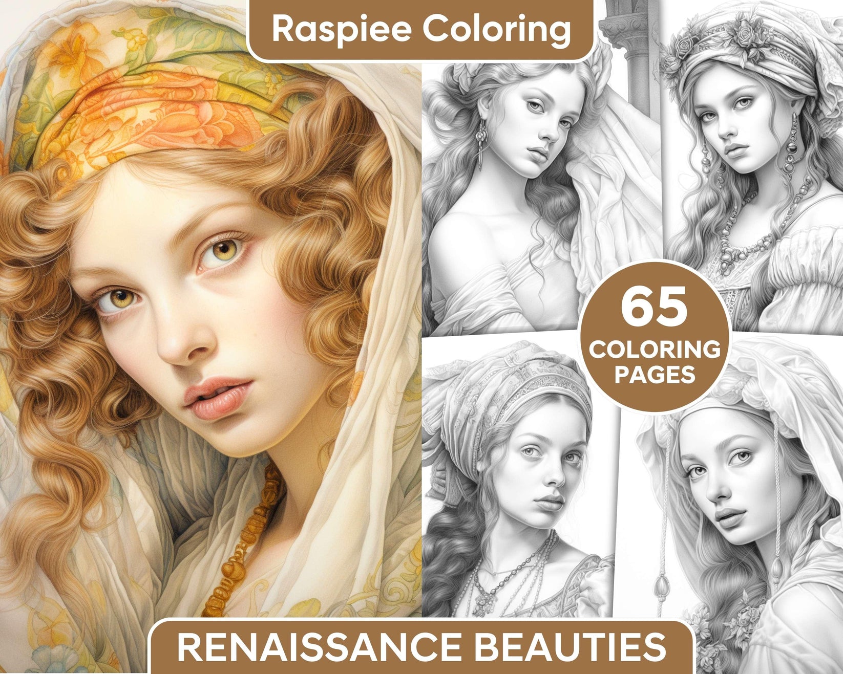 65 Renaissance Beauties Grayscale Coloring Pages For Adults, Printable 