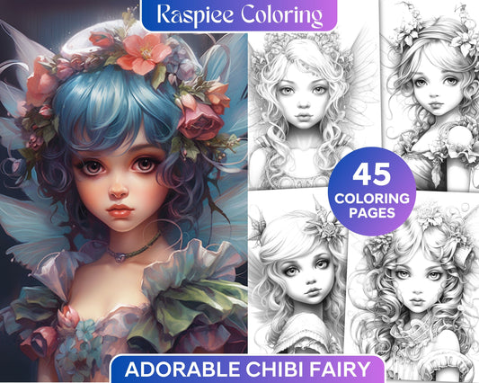 Chibi Fairy Grayscale Coloring Page for Adults, Adorable Chibi Fairy Printable Artwork