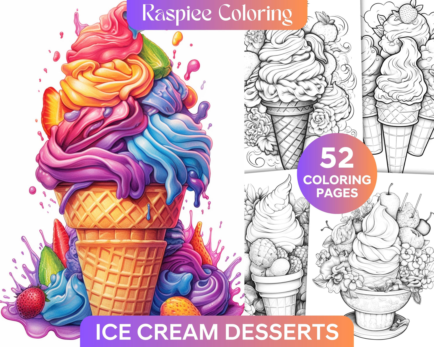 52 Printable Ice Cream Desserts Coloring Pages for Adults and Kids, Gr