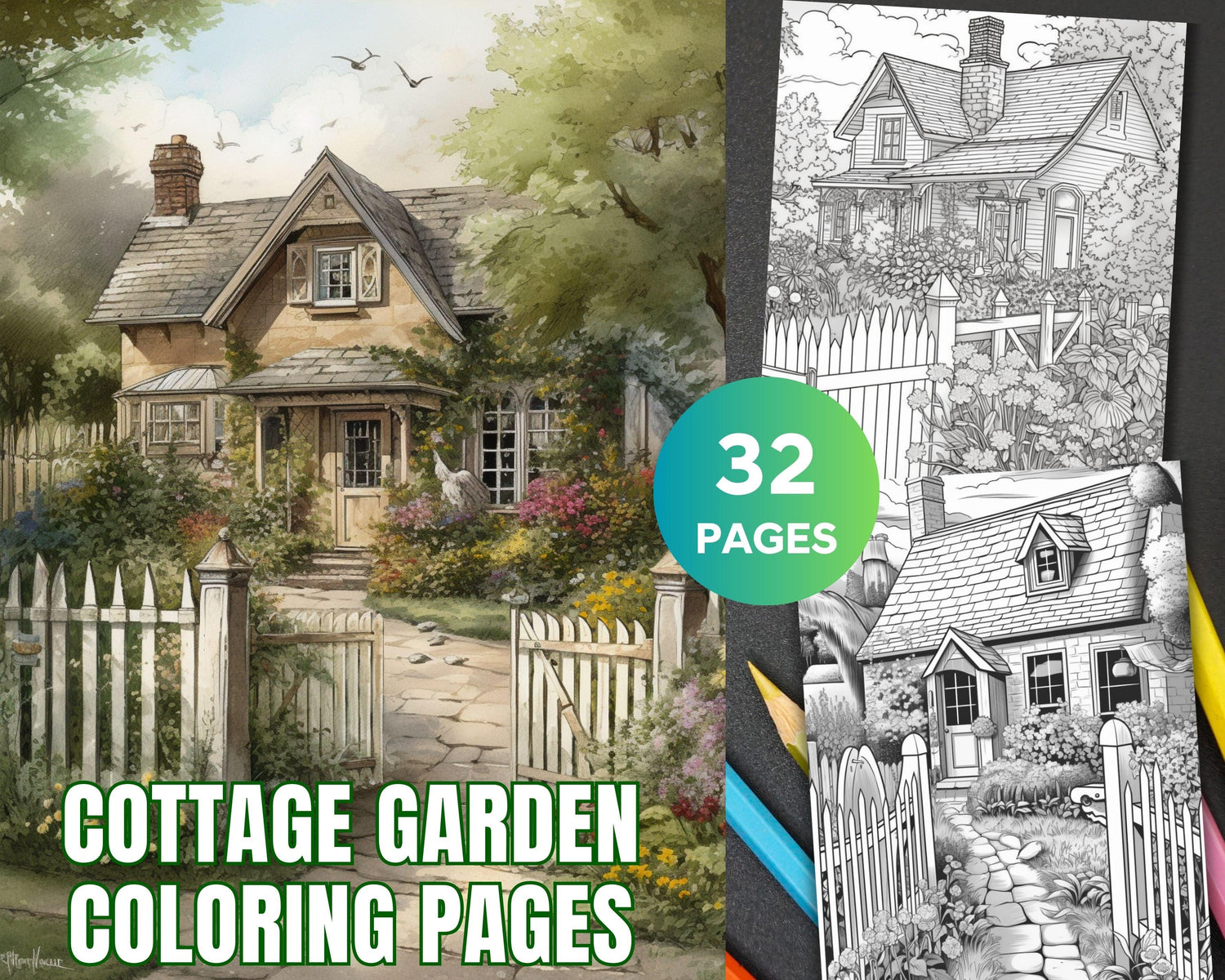 32 Printable Cottage House Garden Coloring Pages for Adults, Grayscale