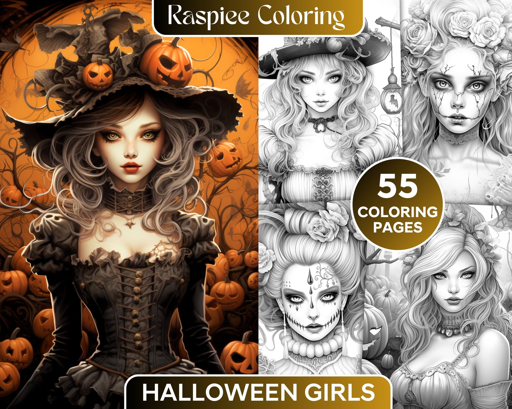 55 Halloween Girls Grayscale Coloring Pages Printable for Adults, PDF