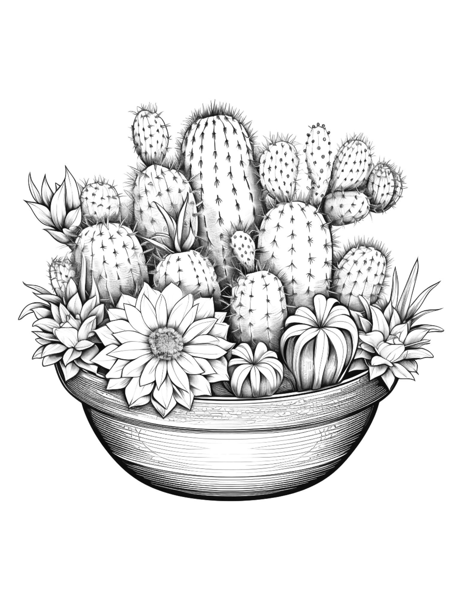 4 Free Printable Cactus Pots Coloring Pages for Adults, Grayscale Colo