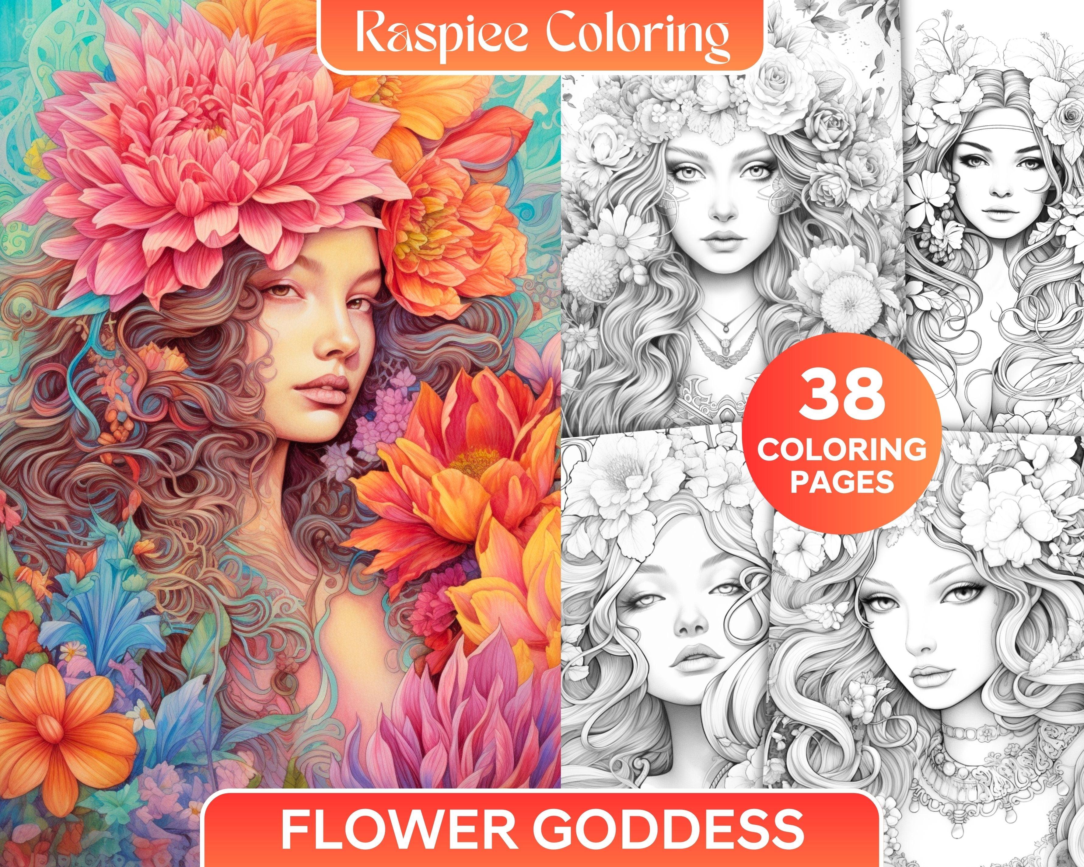 38 Flower Goddess Coloring Pages Printable for Adults, Grayscale Color ...