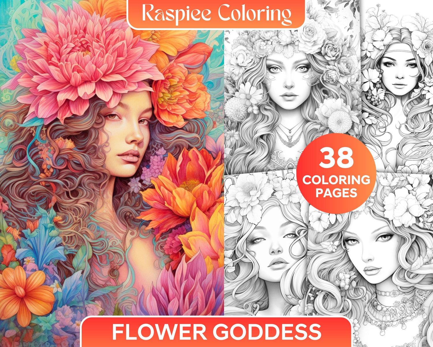 38 Flower Goddess Coloring Pages Printable for Adults, Grayscale Color