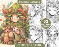 52 Cute Druid Girl Grayscale Coloring Pages for Adults, Printable PDF ...