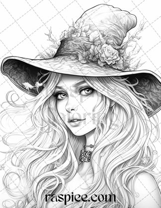 40 Witchy Wonders Grayscale Coloring Pages Printable for Adults, PDF F ...