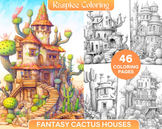 Fantasy Cactus House Coloring Page, Grayscale Printable Art for Adults
